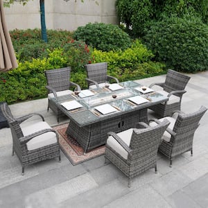 Charlotte Gray 7-Piece Wicker Patio Fire Pit Conversation Chair Set with Beige Cushion