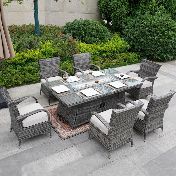 moda furnishings Charlotte Gray 7-Piece Wicker Patio Fire Pit Conversation Chair Set with Beige Cushion