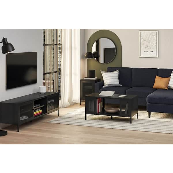 Sunset District 36 inch Metal Top Rectangular Metal Coffee Table with Perforated Metal Mesh Accents, Black