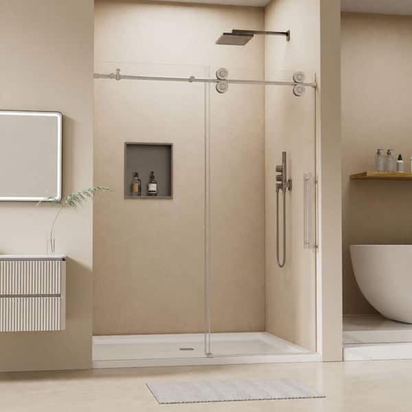 40 in.-42 in. W x 76 in. H Single Sliding Frameless Shower Door in Brushed Nickel with 5/16 in. Tempered Clear Glass