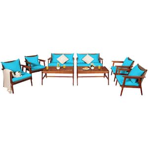 8-Piece Wicker Patio Conversation Set Acacia Wood Frame with Turquoise Cushions