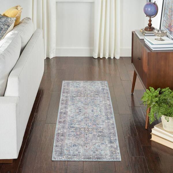 New Concept Machine Washable Light Grey/Blue 2 ft. x 8 ft. Bordered Traditional Kitchen Runner Area Rug