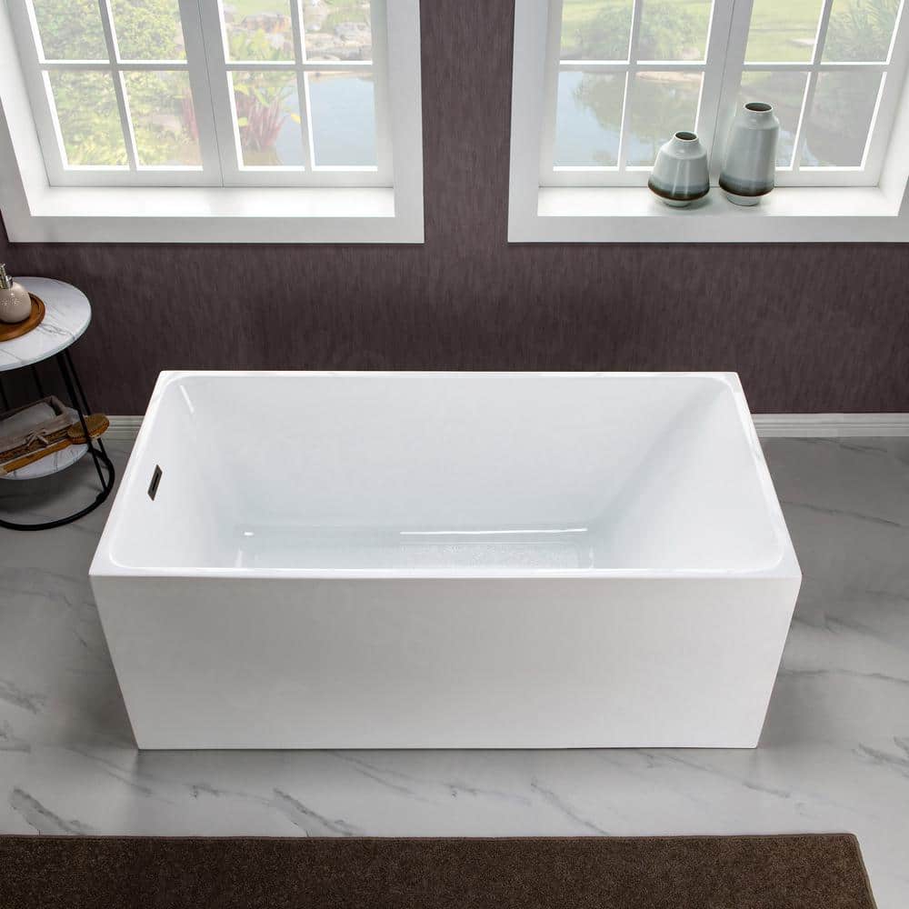 59'' White Acrylic Freestanding Rectangular Soaking Bathtub