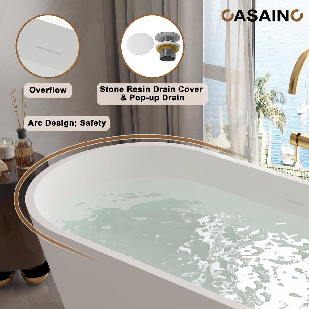 67" White Solid Surface Freestanding Soaking Tub with Black Pillow