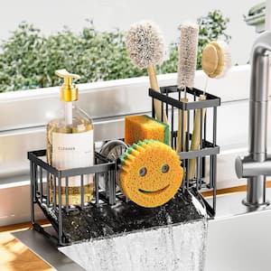 9.25 in. W x 6.3 in. H Black Stainless Steel Rustproof Sink Caddy with Smiley Face Sponge Holder for Sink