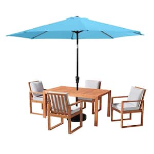 Weston 6-Piece Wood Outdoor Dining Table Set with 4 Chairs with Cushions and 10-Foot Auto Tilt Umbrella Blue
