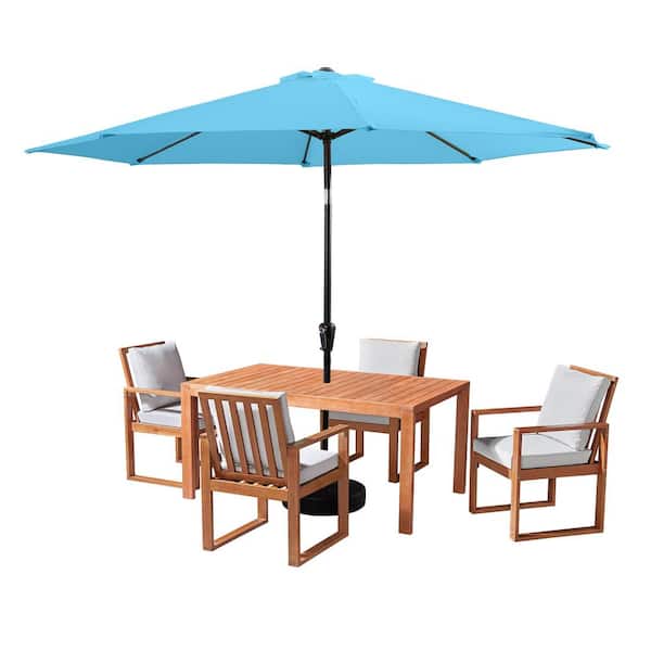 Alaterre Furniture Weston 6-Piece Wood Outdoor Dining Table Set with 4 Chairs with Cushions and 10-Foot Auto Tilt Umbrella Blue