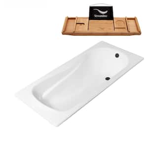 59 in. Cast Iron Rectangular Drop-in Bathtub in Glossy White with Matte Black External Drain and Tray