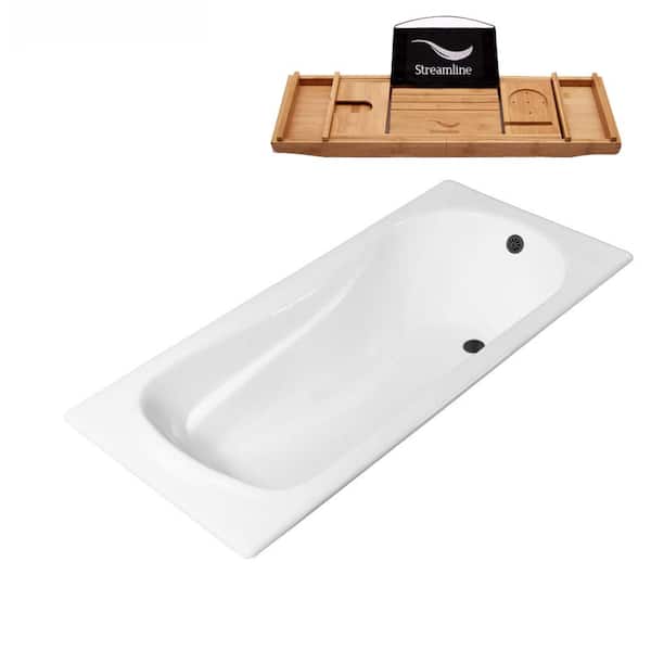 Streamline 59 in. Cast Iron Rectangular Drop-in Bathtub in Glossy White with Matte Black External Drain and Tray