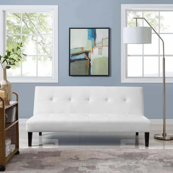 MAYKOOSH 68.9 in White Faux Leather Armless Futon Sofa Bed with Wooden Legs - Rectangle Couch Featuring Button Tufting