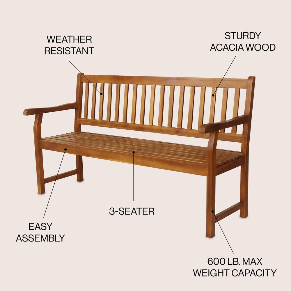 Laurel 59" Teak Acacia Wood Slat-Back Outdoor Garden Bench