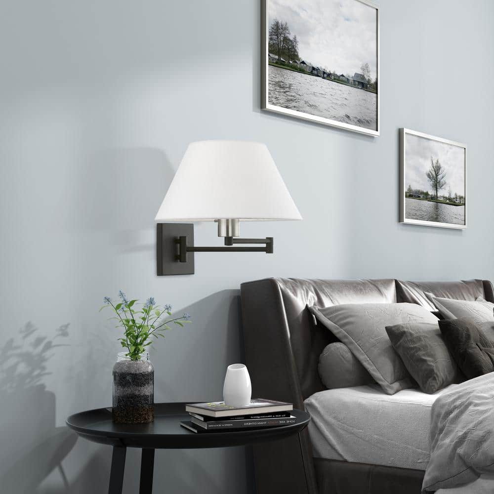 Black and Brushed Nickel Swing Arm Wall Sconce with Fabric Shade