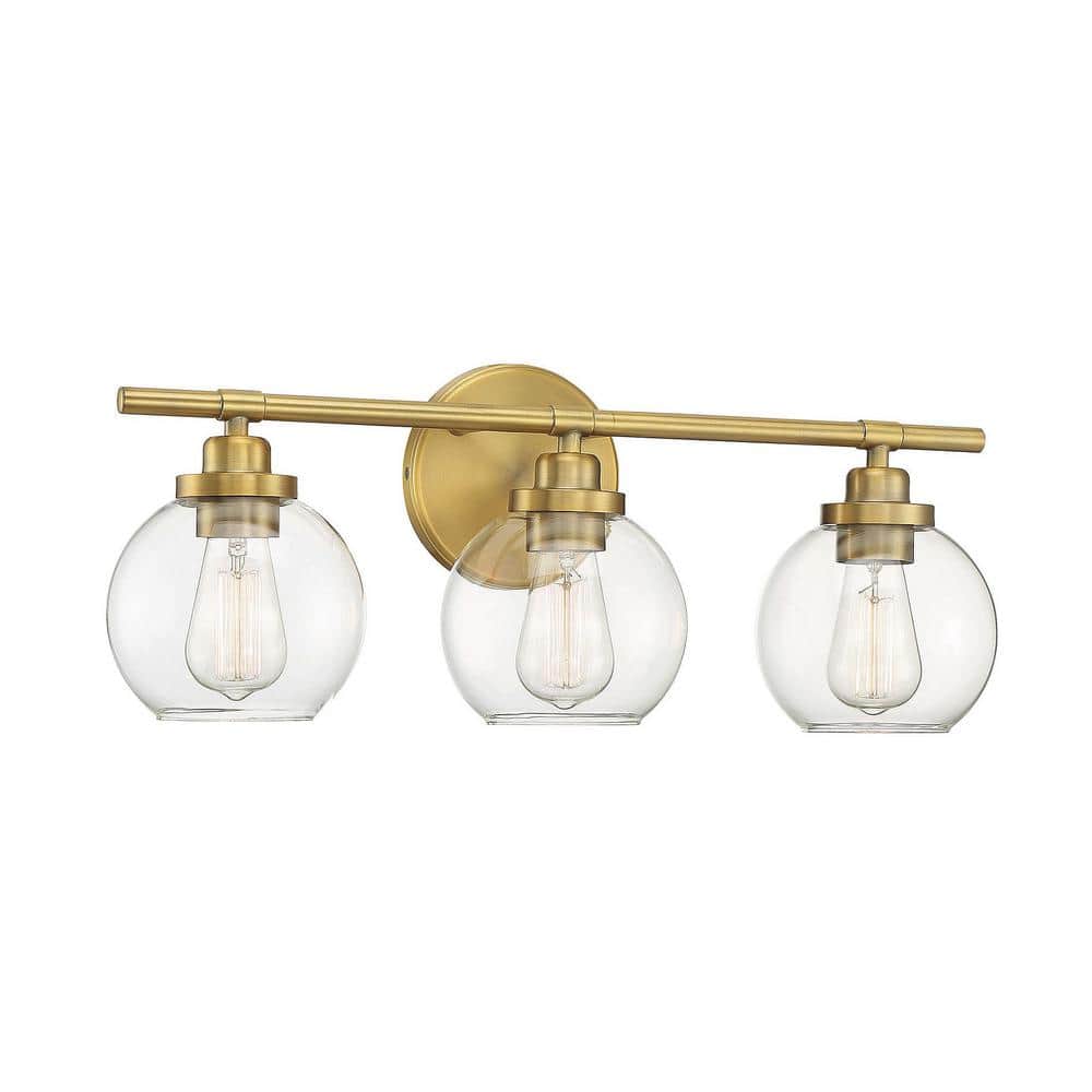 Mid-Century Modern Warm Brass 3-Light Vanity Bar with Clear Glass Shades