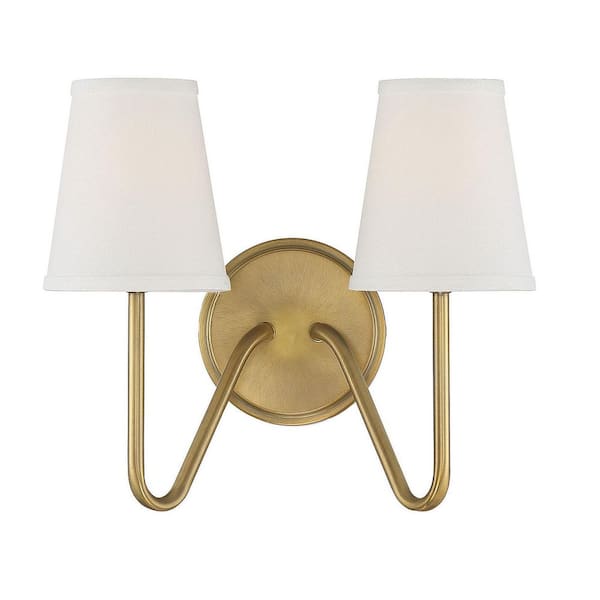 Savoy House Meridian 13 in. W x 11.25 in. H 2-Light Natural Brass Wall Sconce with White Fabric Shades