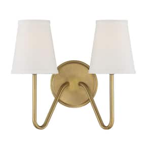 13 in. W x 11.25 in. H 2-Light Natural Brass Wall Sconce with White Fabric Shades