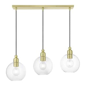 Downtown 3-Light Satin Brass Linear Chandelier with Clear Sphere Glass