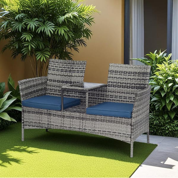 Yangming 2-Seat Gray Wicker Outdoor Loveseat Patio Conversation Set with Blue Cushions and Built-in Center Storage Table