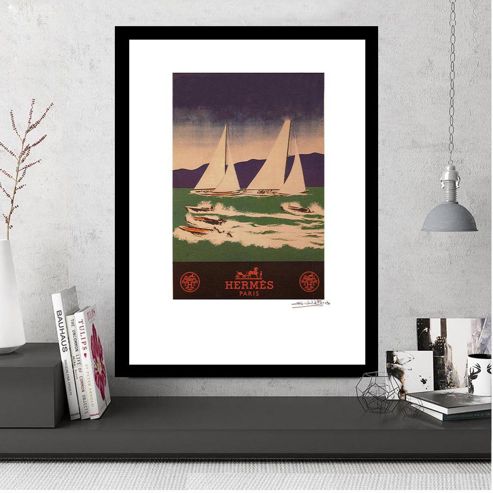 Vintage Sailboats Abstract Print in Black Frame for Kids