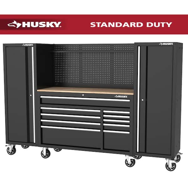Husky Modular Tool Storage 92 in. W Standard Duty Black Mobile Workbench Cabinet with Pegboard and (2) 20 in. Side Lockers