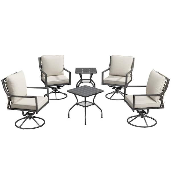 Kelsey Beige 6-Piece Gray Wicker Patio Conversation Set with 4-Outdoor Swivel Chairs and 2-Side Tables
