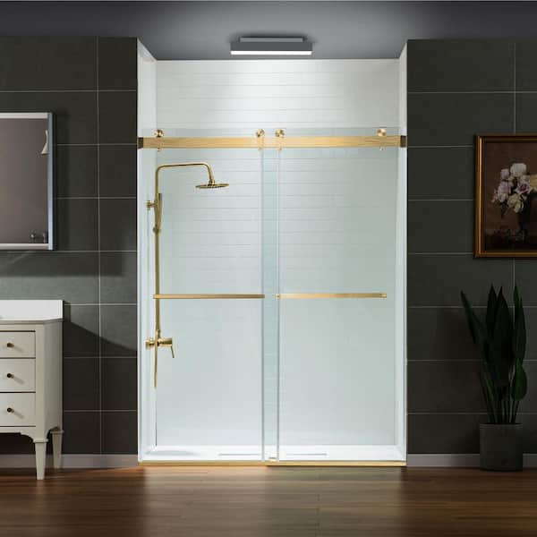 WOODBRIDGE 60 in. W x 76 in. H Double Sliding Frameless Shower Door in Brushed Gold Finish with 5/16 in. Clear Glass