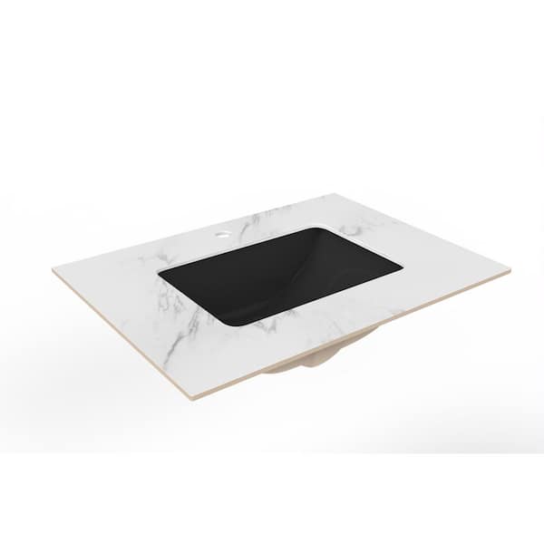 castellousa Cassandra 30 in. W x 22 in. D Porcelain Vanity Top in White Marble Finish with Black Sink Basin