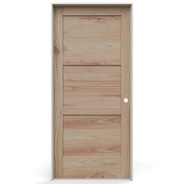 36 in. x 80 in. 3 Panel Left-Handed Solid Core Unfinished White Cedar Wood Single Prehung Interior Door w/ Nickel Hinge