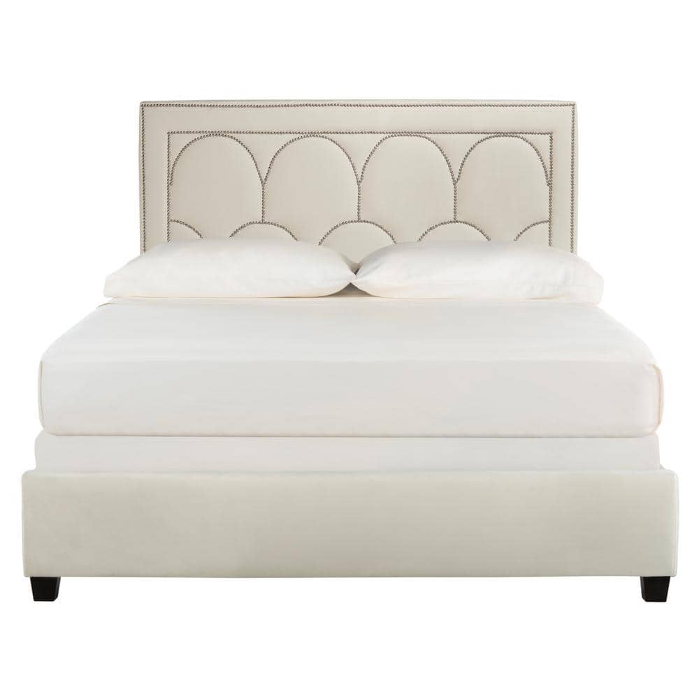 Transitional Queen Platform Bed with Plush Cream Velvet Upholstery