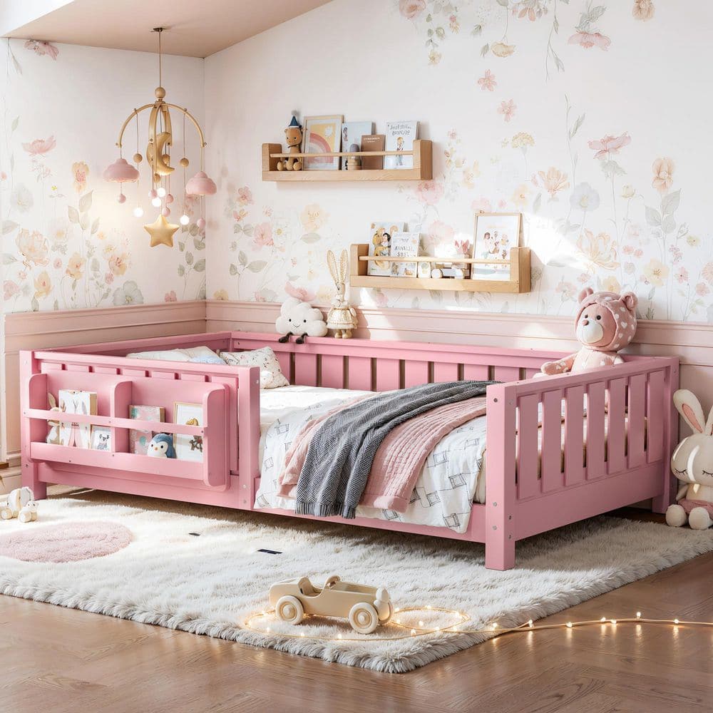 Pink Twin Size Pine Wood Low Platform Bed with Safety Guardrails and Built-in Bookshelf price history on PriceWatchPro
