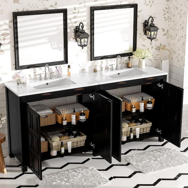 72 in. Freestanding Double Sink Espresso Bath Vanity with White Ceramic Top