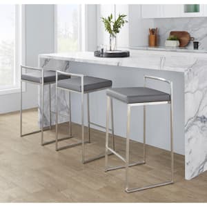 Fuji 27.75 in. Grey Faux Leather and Stainless Steel Stackable Counter Stool (Set of 3)