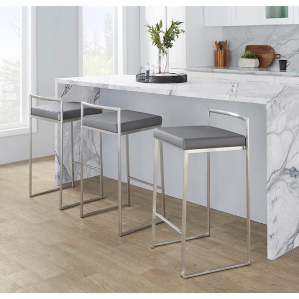 Lumisource Fuji 27.75 in. Grey Faux Leather and Stainless Steel Stackable Counter Stool (Set of 3)