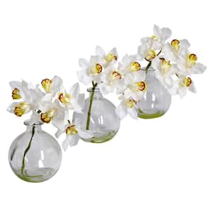8 in. Artificial H White Cymbidium with Vase Silk Flower Arrangement (Set of 3)