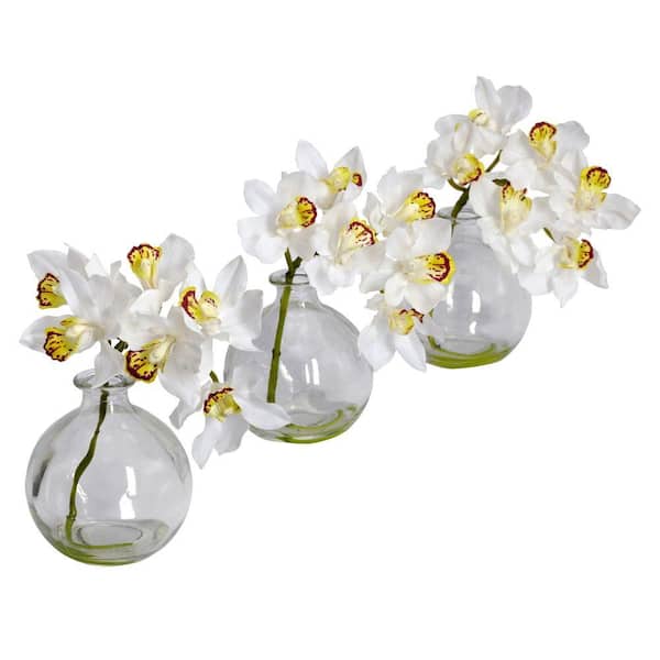 Nearly Natural 8 in. Artificial H White Cymbidium with Vase Silk Flower Arrangement (Set of 3)