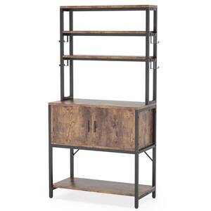 Keenyah Rustic Brown Kitchen Baker's Rack with Hutch 5-Tier Kitchen Storage Shelf with Cabinet and Hooks