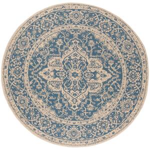 Beach House Blue/Cream 4 ft. x 4 ft. Border Floral Indoor/Outdoor Patio  Round Area Rug