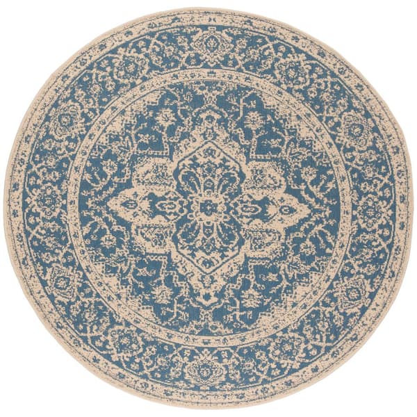 SAFAVIEH Beach House Blue/Cream 7 ft. x 7 ft. Round Oriental Indoor/Outdoor Patio  Area Rug