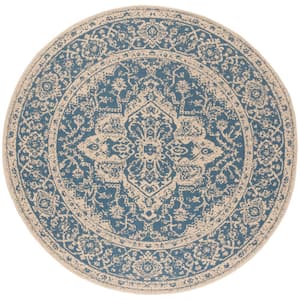 Beach House Blue/Cream 8 ft. x 8 ft. Border Floral Indoor/Outdoor Patio  Round Area Rug