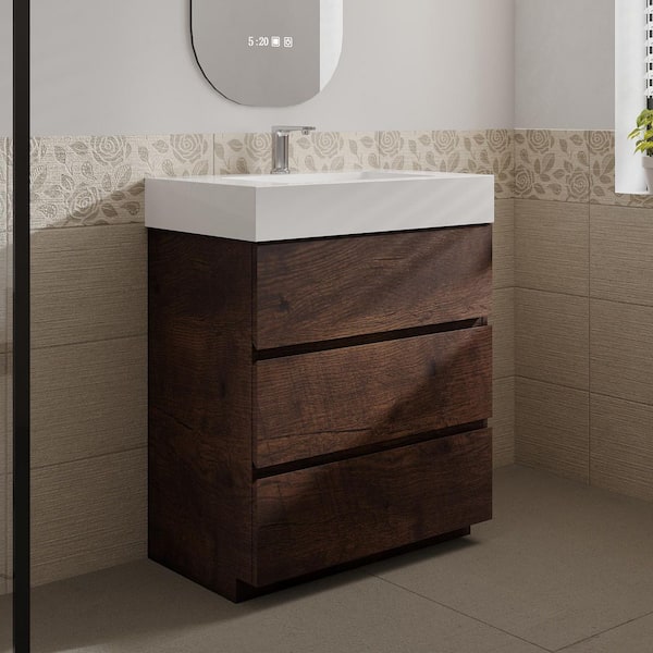 Aaby 30 in. W x 18 in. D x 37 in. H Bath Vanity Cabinet in Brown with White Stone Resin Top and Sink