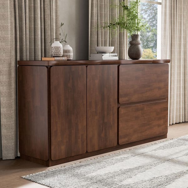 Shelun II Rich Walnut Wood 71 in. Buffet Server with Metal Side Glide and Hidden Drawers