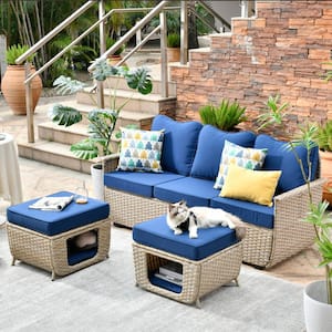 Aphrodite 3-Piece Wicker Outdoor Patio Conversation Seating Sofa Set with Navy Blue Cushions