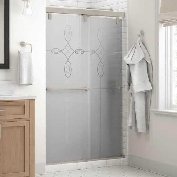 Delta Crestfield Mod 43-3/8 to 47-3/8 in. W x 71-1/2 in. H Soft-Close Frameless Sliding Shower Door, Nickel,Tranquility Glass