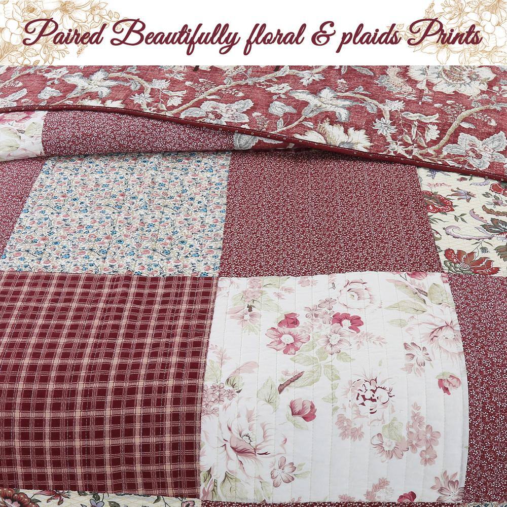 Romantic Red Floral Patchwork Cotton Reversible Queen Quilt Set