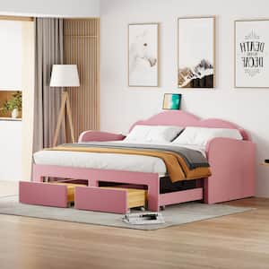 Pink Twin Size Velvet Upholstered Extendable Daybed with Cloud-Shaped Backrest, 2 Drawers and USB Ports