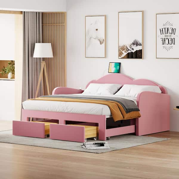 Harper & Bright Designs Pink Twin Size Velvet Upholstered Extendable Daybed with Cloud-Shaped Backrest, 2 Drawers and USB Ports