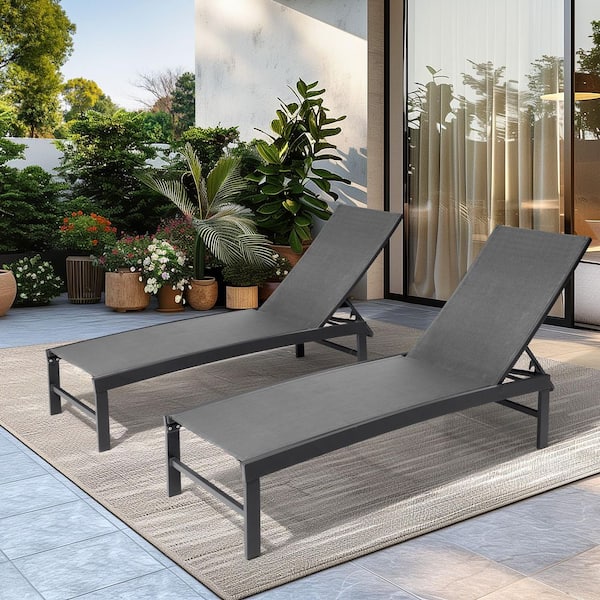 All-Weather 2-Piece Outdoor Chaise Lounge 6-Position Adjustable Metal Patio Lounge Chairs in Black for Beach, Yard, Pool