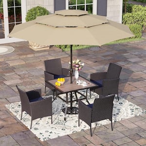 Black 6-Piece Metal Patio Outdoor Dining Set with Wood-Look Square Table, Umbrella and Rattan Chairs with Blue Cushion