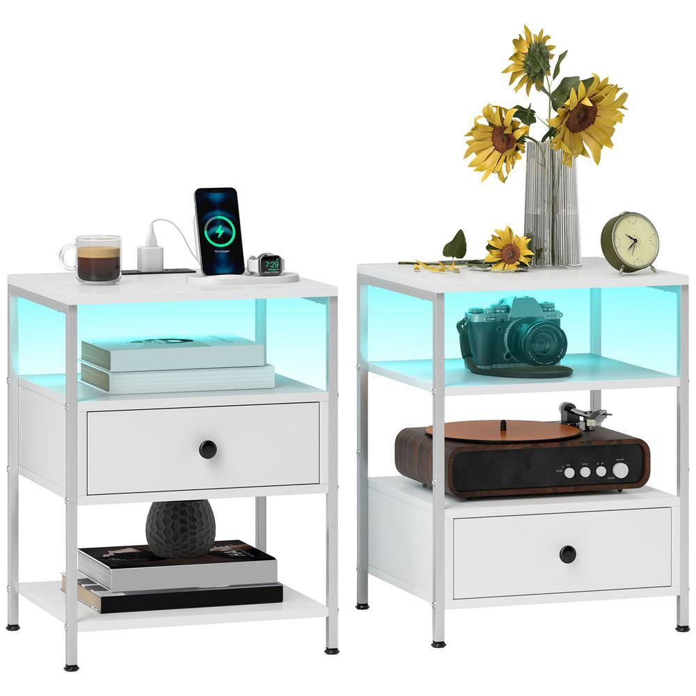 White Particleboard End Tables with Charging Stations and LED Lights