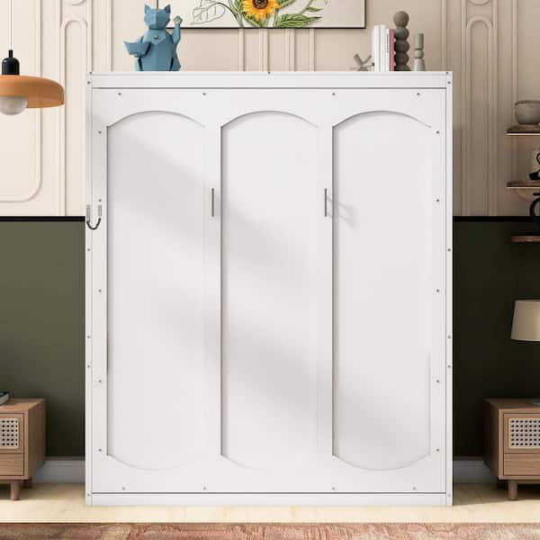 White Wood Frame Queen Murphy Bed with Shelves