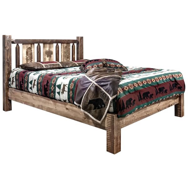 MONTANA WOODWORKS Homestead Collection Medium Brown California King Laser Engraved Pine Motif Platform Bed
